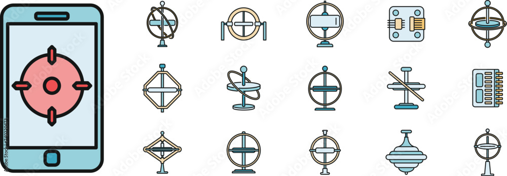 Poster gyroscope instrument icons set. outline set of gyroscope instrument vector icons thin line color fla