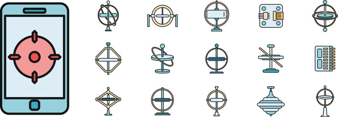 Gyroscope instrument icons set. Outline set of gyroscope instrument vector icons thin line color flat on white - obrazy, fototapety, plakaty