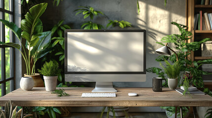 Room background. Mockup of blank white screen of computer. Green plants around. Selective focus. Copy space. Sunny day.