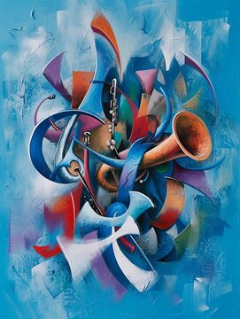 The artwork displayed in the image is an intricate composition of abstract elements, combining fluid lines, sharp angles, and a variety of shapes that suggest movement. The color palette is rich and d