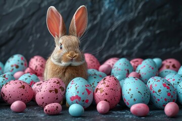 Fototapeta na wymiar Happy Easter Eggs easter egg history. Bunny hopping in flower vivid decoration. Adorable hare 3d easter parade rabbit illustration. Holy week lettered card Festivity