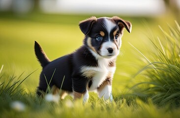 A photo of a cute puppy playing in the grass
