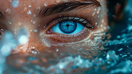 Möbelaufkleber close-up of a female face surrounded by water showing one eye in clear and striking blue color © XCHANGE