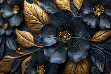 Intricate black and gold floral patterns with delicate white leaves.