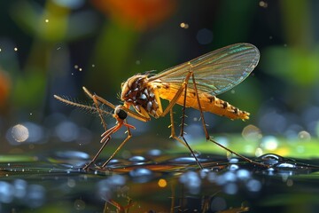 Delicate and menacing, a netwinged insect perches on a water droplet, its intricate arthropod features captured in stunning macro photography