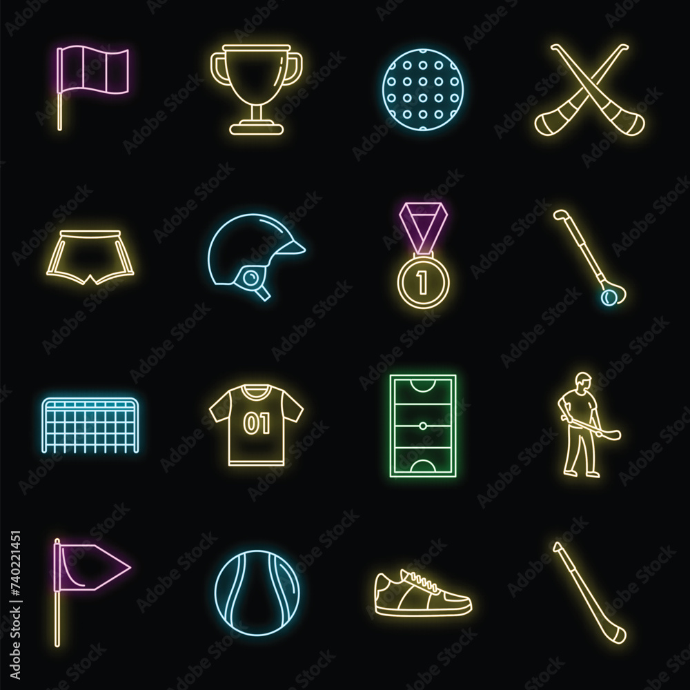 Poster hurling game icons set. outline set of hurling game vector icons neon color on black