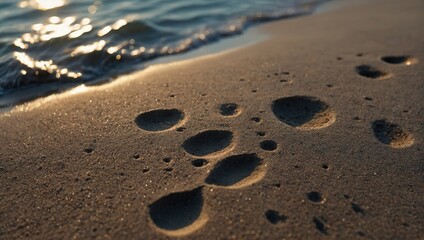 Fototapeta na wymiar Animal Tracks in the lake beach sand by Looking at Walking Patterns