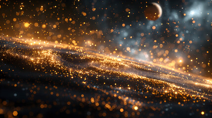 Fototapeta premium Luminous black and gold particles floating with a celestial alignment of planets and stars.