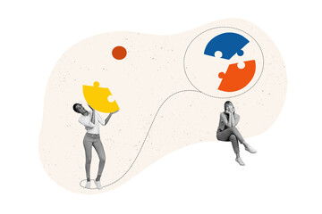 Creative photo collage two colleagues women connect finish puzzle game separated parts find solution dreamy girl sit think exciting task