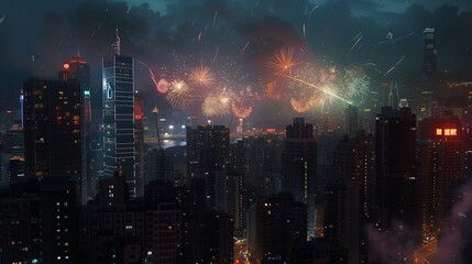 Within a bustling cityscape, skyscrapers serve as the backdrop for an awe-inspiring fireworks extravaganza, lighting up the urban skyline with bursts of brilliance and color. - obrazy, fototapety, plakaty