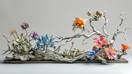 This image features an elaborate metal sculpture that showcases a variety of flowers in full bloom, represented in brilliant and diverse colors, set amidst a meandering arrangement of silver-toned bra