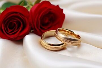 Elegant red gold wedding rings on white silk with delicate roses, soft bokeh for romantic occasions