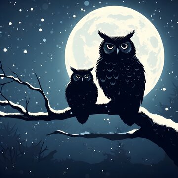 Owls on a Branch at Night