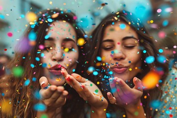 Joyful faces light up as two bubbly women release colorful confetti into the air, celebrating their friendship and freedom
