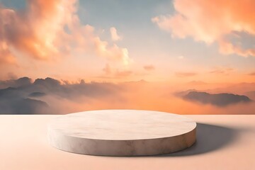 Stone podium tabletop product placement in outdoor sky pastel soft Smokey cloud background 