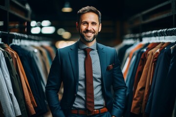 A man in dynamic and bright clothing who confidently selects stylish and colorful outfits. A fashion boutique showcasing innovative menswear