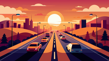 Cars Driving Down Road at Sunset