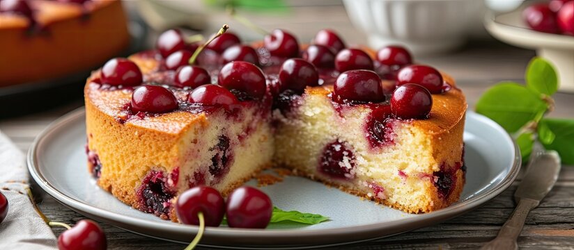 A scrumptious homemade cherry cake, loaded with juicy fruits, photographed in a close-up view on a plate.