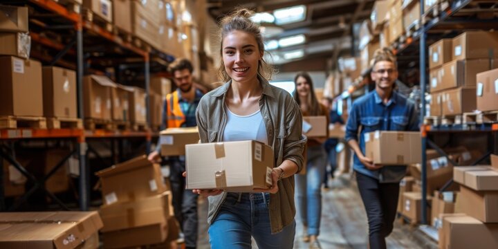 Smiling Young Professionals Streamline Operations in a Modern, Organized Warehouse Environment, Generative AI