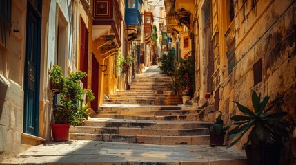 Fototapeta na wymiar Maltese Ghonnella in Valletta's old streets, baroque architecture, timeless elegance