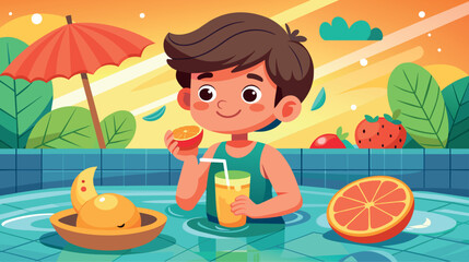 Young Boy Drinking Orange Juice in Pool