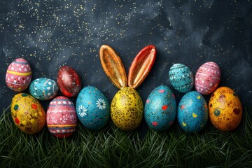 Happy Easter Eggs rose dusk. Bunny hopping in flower grass decoration. Adorable hare 3d hop rabbit illustration. Holy week Marbling card egg painting - obrazy, fototapety, plakaty