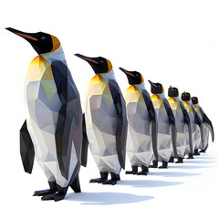 A row of stylized geometric penguin figures in a clean, modern illustration