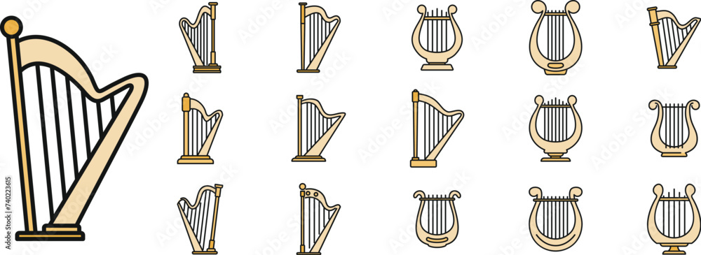 Poster harp instrument icons set. outline set of harp instrument vector icons thin line color flat on white