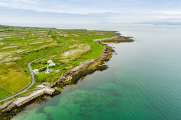 Aerial view of Inishmore or Inis Mor, the largest of the Aran Islands in Galway Bay, Ireland....
