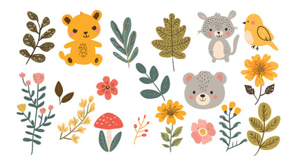 Cute woodland animals and floral illustration set - obrazy, fototapety, plakaty
