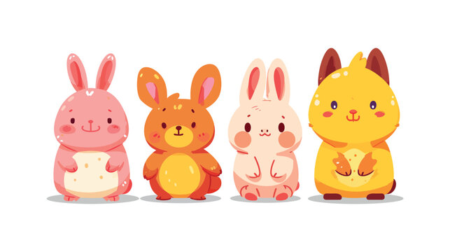 Adorable cartoon bunnies and kitten lineup illustration
