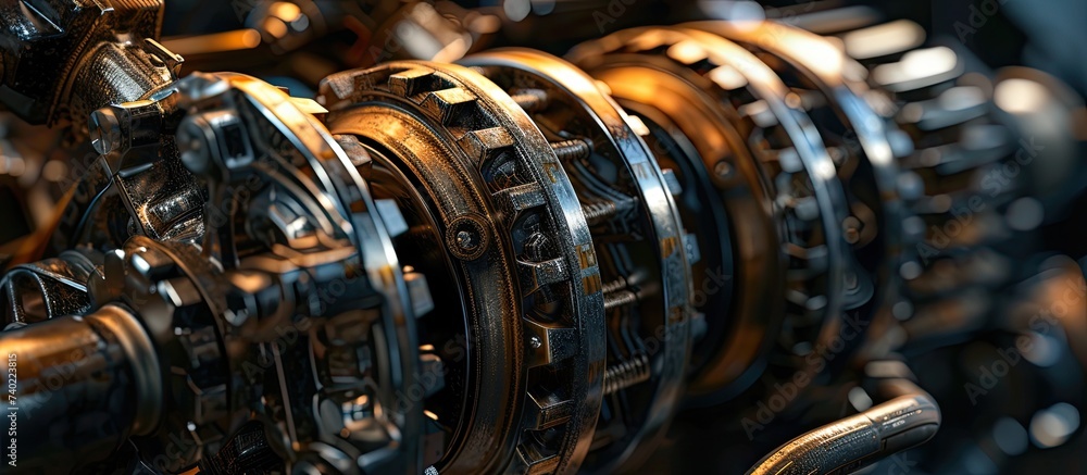 Poster This close-up photo captures a machine with numerous gears, showcasing the complexity and mechanics of the device.