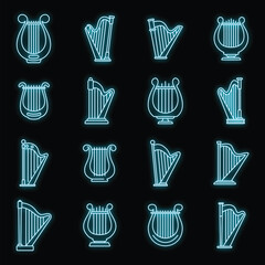 Harp instrument icons set. Outline set of harp instrument vector icons neon color on black