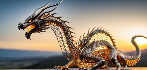Fototapeta premium Dragon sculpture from bent wire. Creative figures symbolizing power and success in Chinese culture, especially in the Year of the Dragon, 2024. Present for Chinese New Year of 2024