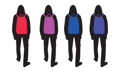 teenager in a hoodie with his back with a backpack silhouette vector