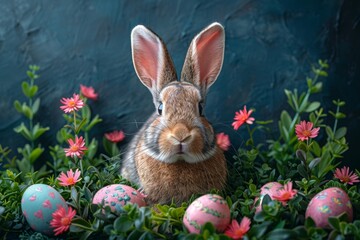 Happy Easter Eggs Beautiful. Bunny hopping in flower Violet decoration. Adorable hare 3d last supper rabbit illustration. Holy week Pastel colors card Flower
