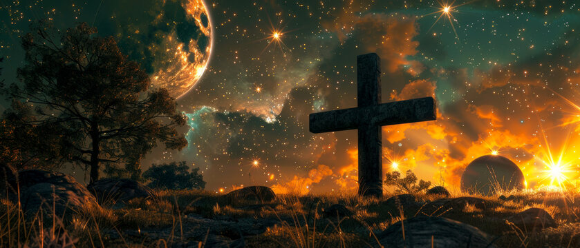 Christianity and the cosmos merged in a scene of a cross under the celestial bodies of a solar system at dawn