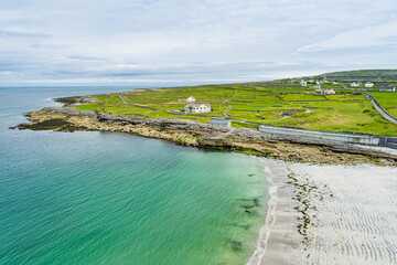 Aerial view of sandy Kilmurvey Beach on Inishmore, the largest of the Aran Islands in Galway Bay, Ireland.