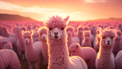 Poster alpaca against the background of a pink sunset and blurred alpacas.  © Juli Puli