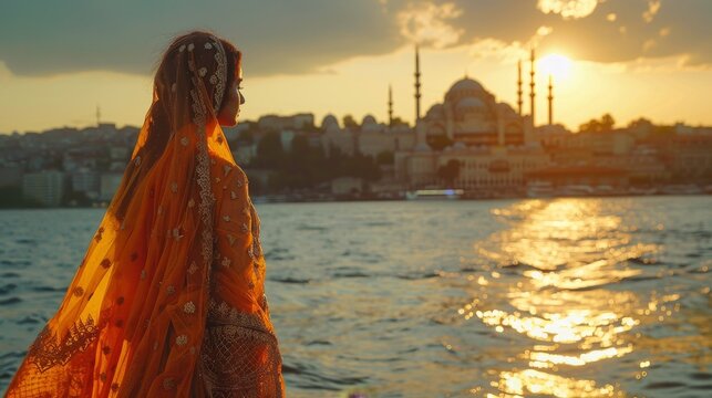 Turkish kaftan at Istanbul skyline, Bosphorus shimmering, crossroads of cultures
