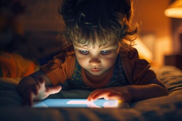 A child playing on a tablet. Addicted to games or reading.
