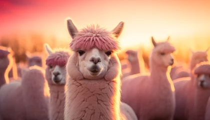 Fototapete alpaca against the background of a pink sunset and blurred alpacas.  © Juli Puli