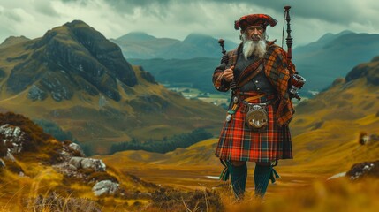 Vibrant Scottish kilt against rugged Highlands backdrop, bagpipes in air