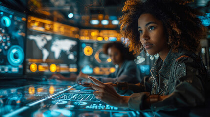 A girl in stylish clothing sits at a control panel, her face reflecting intense focus as she curates the perfect playlist for an indoor music event - obrazy, fototapety, plakaty