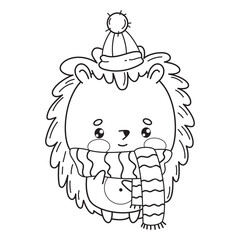 Cute winter hedgehog in hat and scarf. Vector illustration. Funny outline cartoon animal character. Line drawing, coloring book. Kids collection.