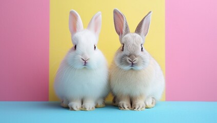 Obraz premium Two domestic rabbits sit peacefully side by side on a vibrant blue wall, their fluffy coats and gentle demeanor evoking a sense of warmth and comfort in their indoor sanctuary