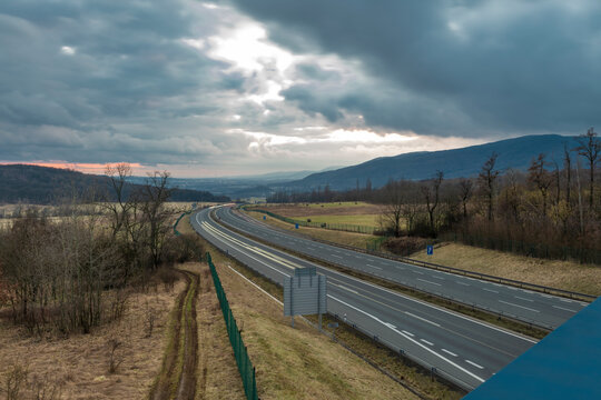 View from old railway with bridge over highway near Usti nad Labem city