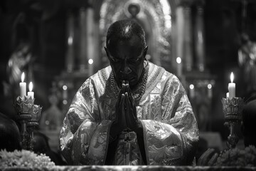 In a monochrome setting, a priest is immersed in prayer, his hands clasped and eyes closed, amidst the serene ambiance of flickering candlelight.