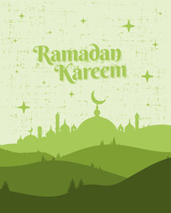 Ramadan kareem with mosque illustration and hill landscape in green color. Vector backgrounds. Suitable for cover art, jersey, card, poster and banner template.