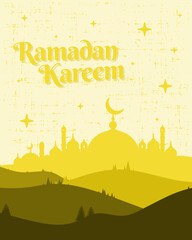 Ramadan kareem with mosque illustration and hill landscape in yellow color. Vector backgrounds. Suitable for cover art, jersey, card, poster and banner template.